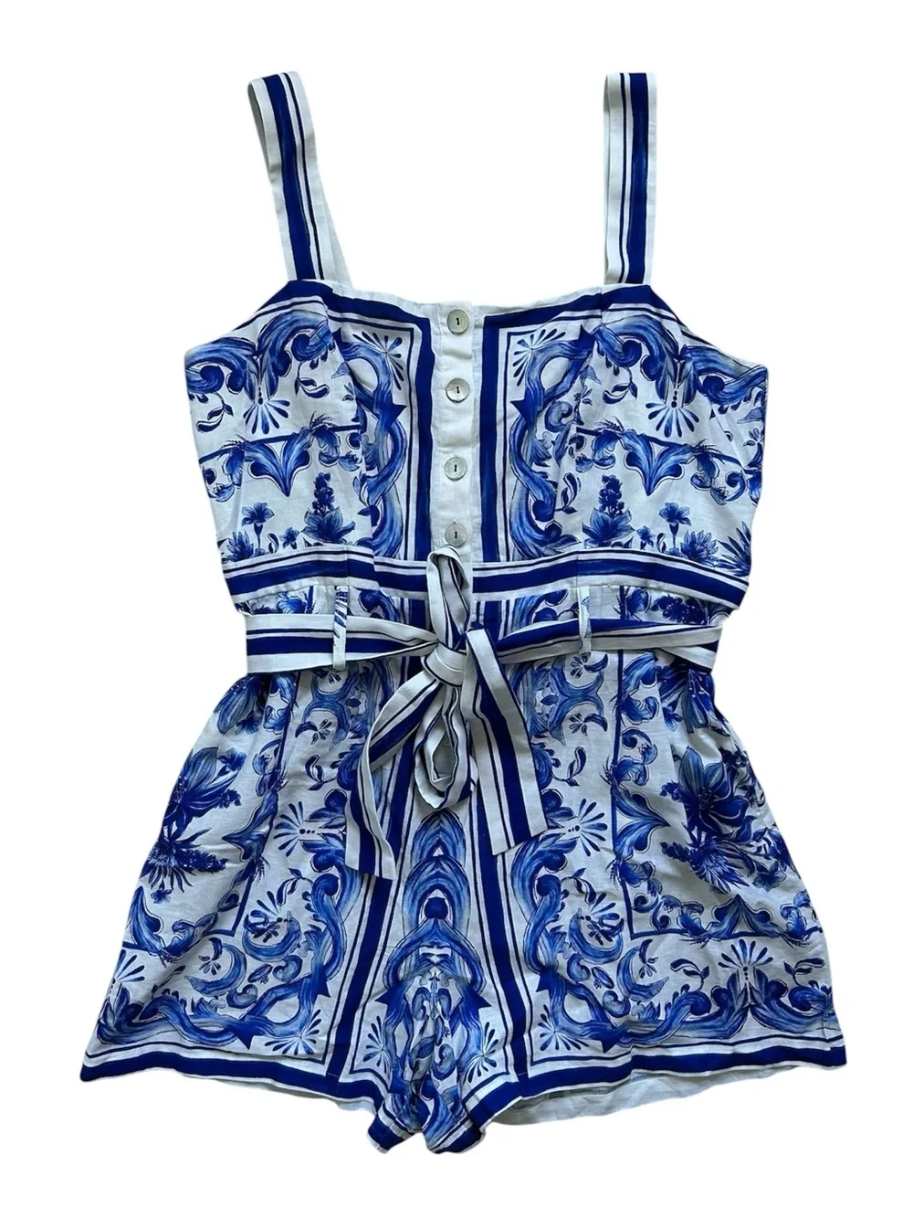 FARM Rio Garden Tiles Tie Belt Button Front Linen Blend Romper Size Large NWT - Picture 6 of 10